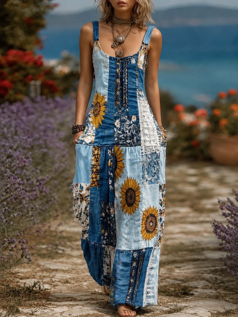 Women's Retro Style Art Print Washed Cotton Denim Patchwork Jumpsuit